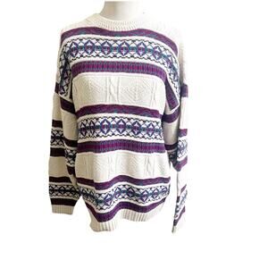 Carly Blake Vintage Dad Sweater Fair Isle Cream Purple Cotton Size XLCottagecore